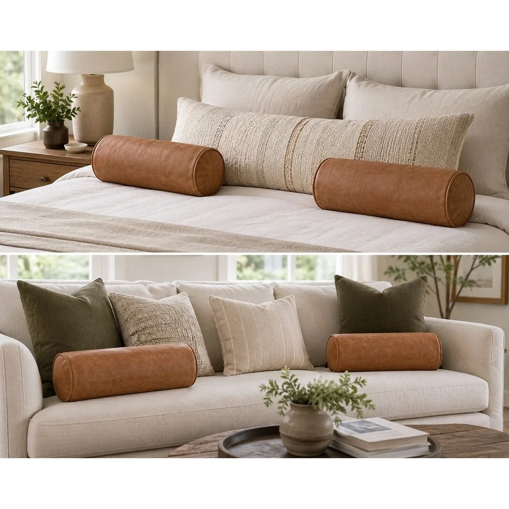 Poly and Bark Cognac Tan Italian Leather Bolster Pillows Set of 2 MCM 21x7.75
